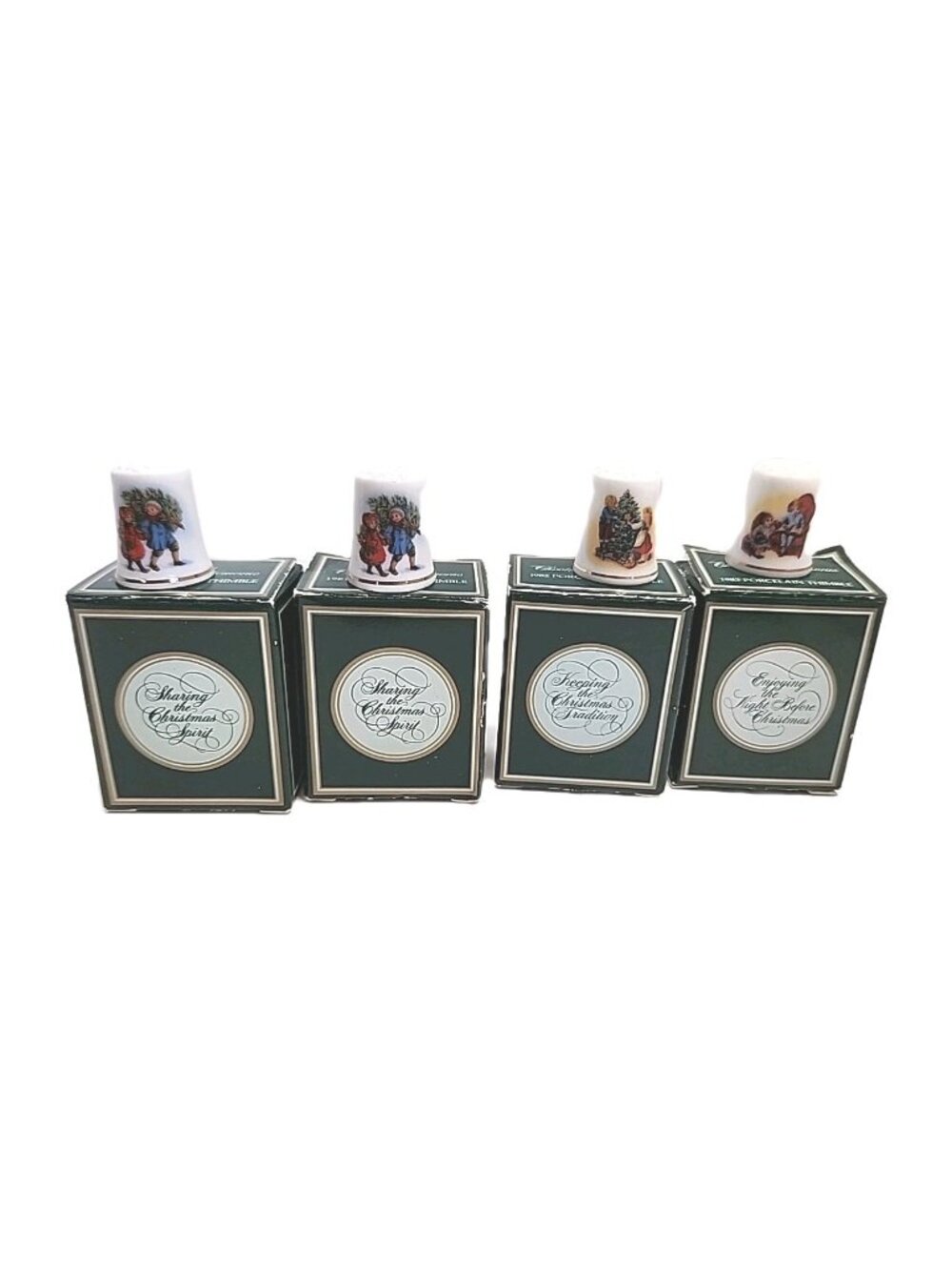Avon Set Of 4 Christmas Porcelain Thimbles 1981, 1982, 1983, 1981 Made In Japan